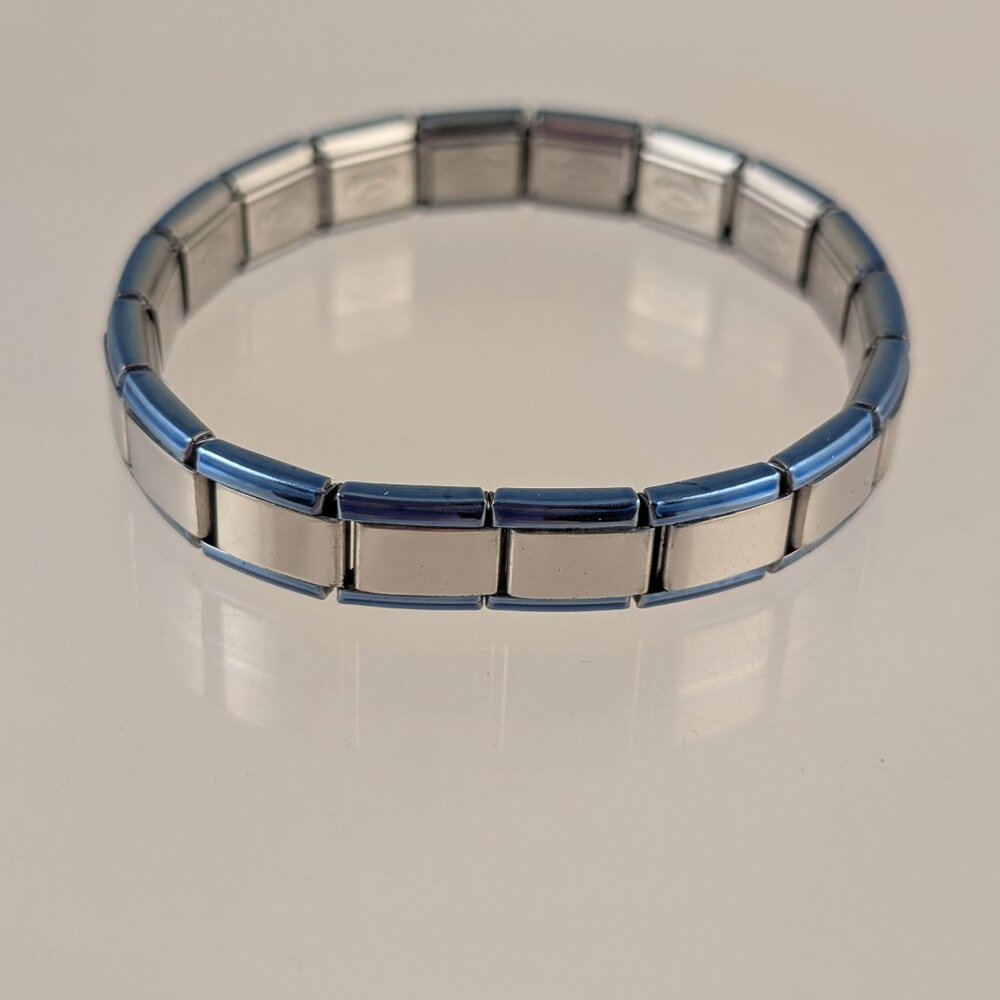 STAINLESS STEEL ITALIAN CHARM BRACELET/9MM/ BRUSHED SILVER w/ BLUE TRIM/ B…